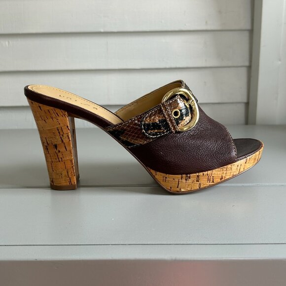 Unisa Leather Cork Heel Sandals Snake Print Buckle Open Toe Slip-On Size 10B - Picture 1 of 15